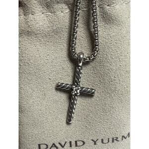 David Yurman Sterling Silver Petite Cable Cross Diamond Necklace 16 Inch